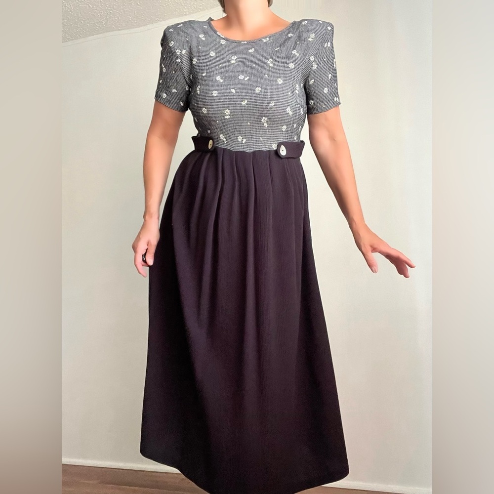 Vtg Black Floral Midi Market Bohemian Dress W/Sash